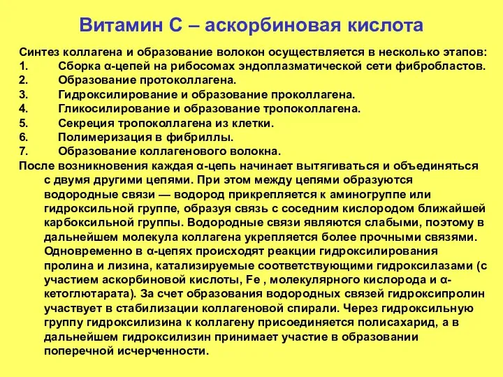 Витамин С – аскорбиновая кислота Синтез коллагена и образование волокон осуществляется в несколько