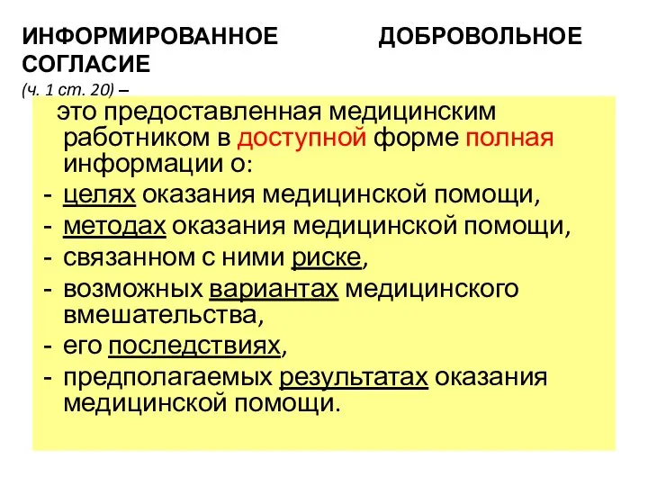 ИНФОРМИРОВАННОЕ ДОБРОВОЛЬНОЕ СОГЛАСИЕ (ч. 1 ст. 20) – это предоставленная