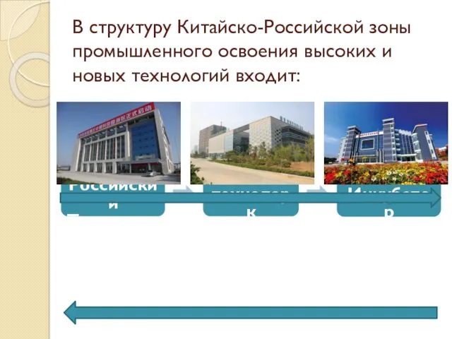 В структуру Китайско-Российской зоны промышленного освоения высоких и новых технологий входит: Китайско-Российский Технопарк Био-технопарк Бизнес-Инкубатор