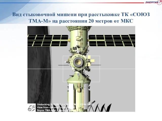 Вид стыковочной мишени при расстыковке ТК «СОЮЗ ТМА-М» на расстоянии 20 метров от МКС