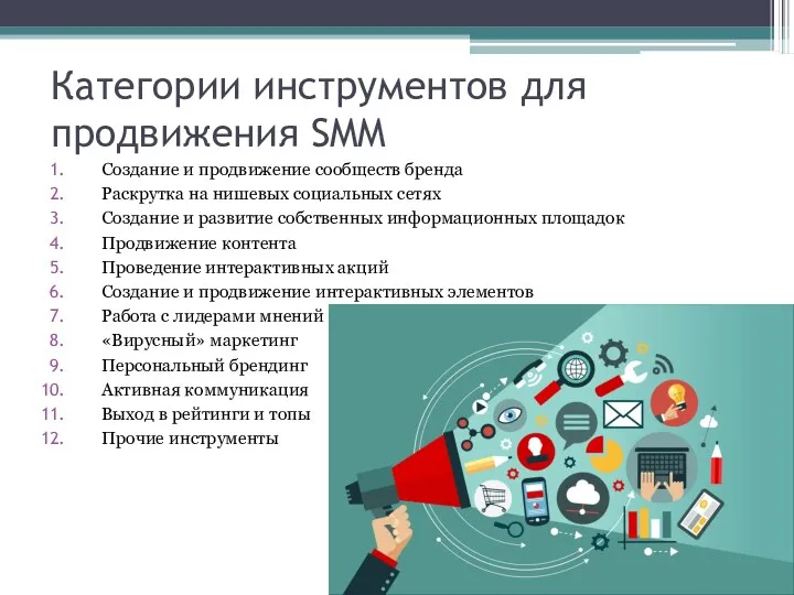 Категории инструментов для продвижения SMM Создание и продвижение сообществ бренда