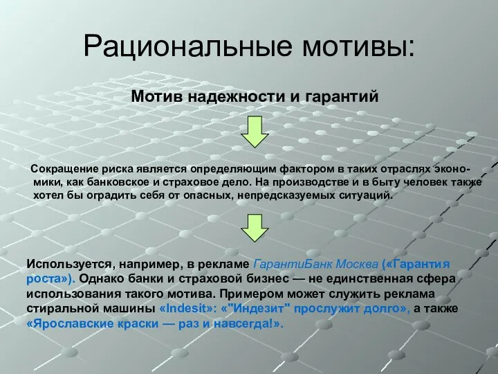 Рациональные мотивы: Мотив надежности и гарантий Сокращение риска является определяющим