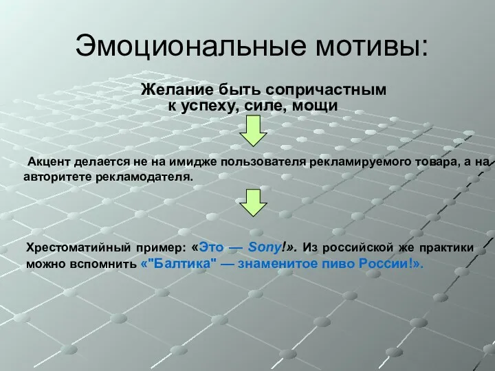 Эмоциональные мотивы: Желание быть сопричастным к успеху, силе, мощи Акцент