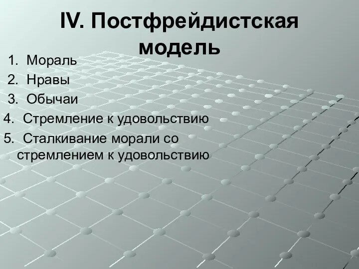 IV. Постфрейдистская модель 1. Мораль 2. Нравы 3. Обычаи 4.