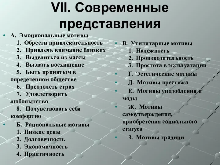 VII. Современные представления А. Эмоциональные мотивы 1. Обрести привлекательность 2.