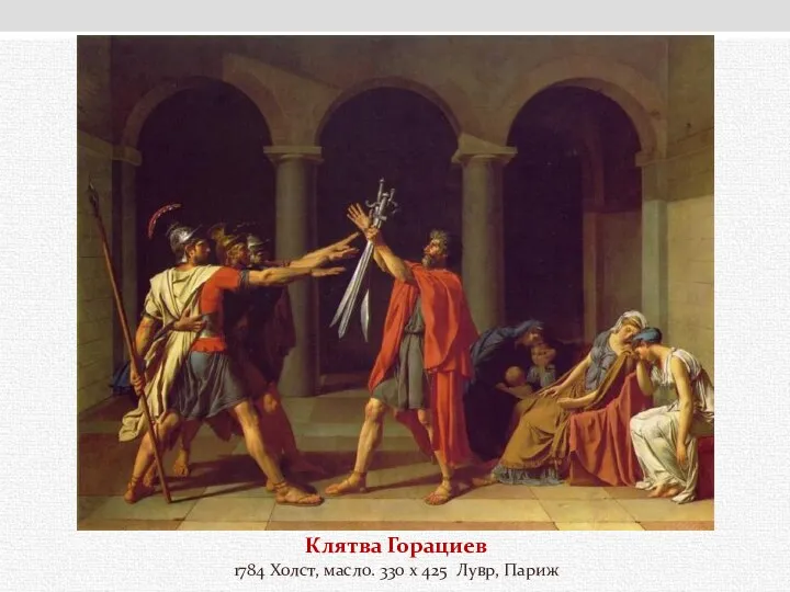 Клятва Горациев 1784 Холст, масло. 330 x 425 Лувр, Париж