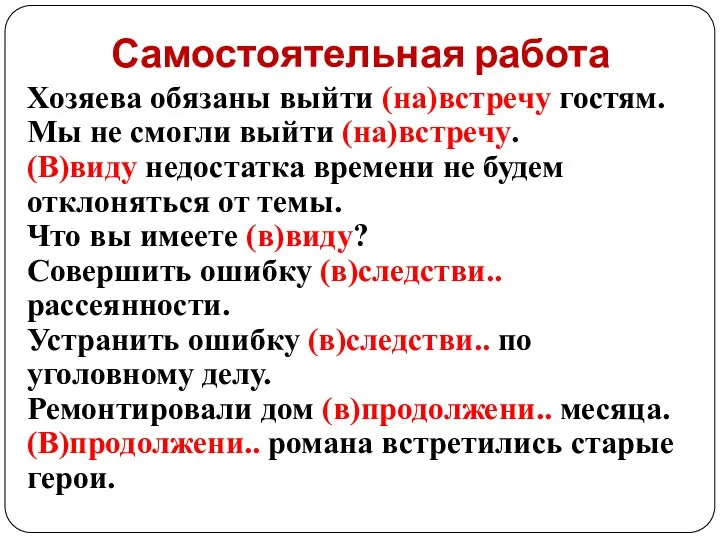 Самостоятельная работа Хозяева обязаны выйти (на)встречу гостям. Мы не смогли