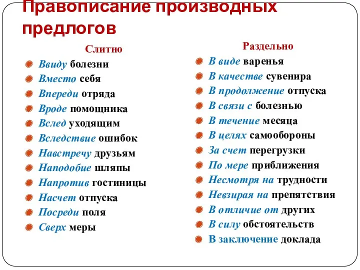 Правописание производных предлогов Слитно Ввиду болезни Вместо себя Впереди отряда