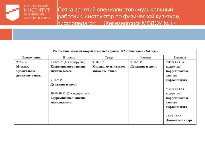 Сетка занятий специалистов (музыкальный работник, инструктор по физической культуре, тифлопедагог) Железногорск МБДОУ №37