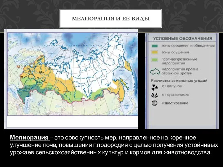 МЕЛИОРАЦИЯ И ЕЕ ВИДЫ Мелиорация – это совокупность мер, направленное