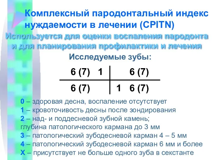 Комплексный пародонтальный индекс нуждаемости в лечении (CPITN) Используется для оценки воспаления пародонта и