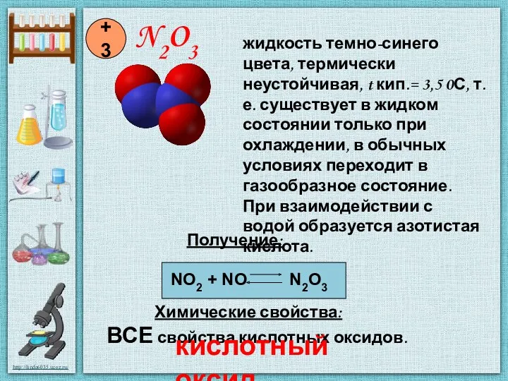 N2O3 +3 Химические свойства: NO2 + NO N2O3 Получение: ВСЕ