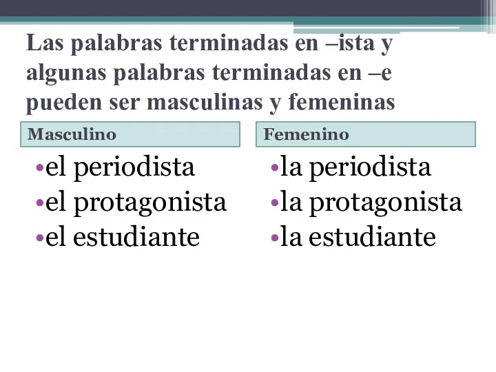 Las palabras terminadas en –ista y algunas palabras terminadas en