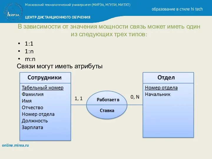 В зависимости от значения мощности связь может иметь один из