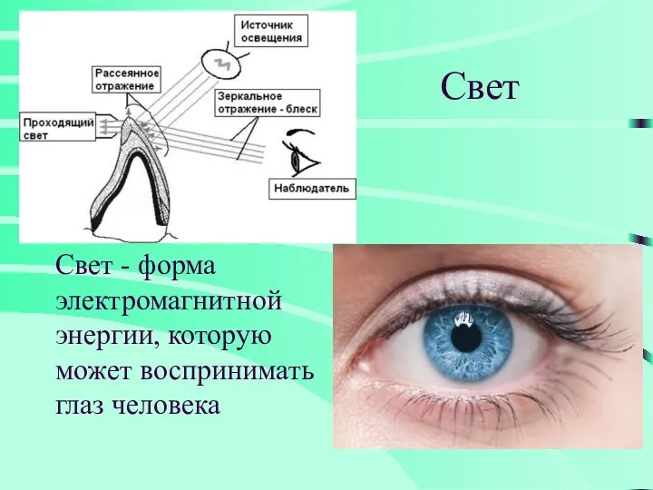 Свет Свет - форма электромагнитной энергии, которую может воспринимать глаз человека