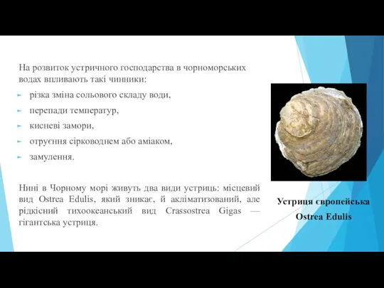На розвиток устричного господарства в чорноморських водах впливають такі чинники: