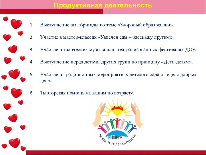 Продуктивная деятельность Выступление агитбригады по теме «Здоровый образ жизни». Участие