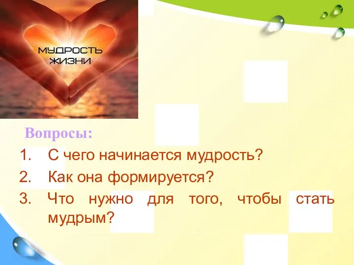 Вопросы: С чего начинается мудрость? Как она формируется? Что нужно для того, чтобы стать мудрым?