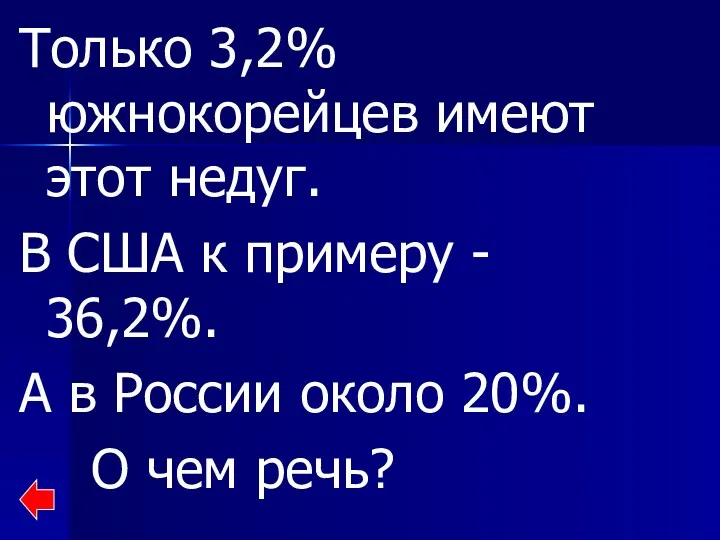 Только 3,2% южнокорейцев имеют этот недуг. В США к примеру