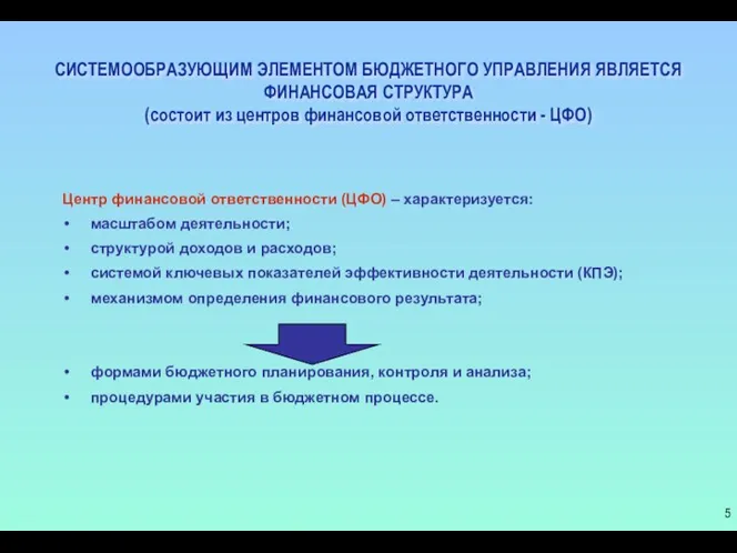 СИСТЕМООБРАЗУЮЩИМ ЭЛЕМЕНТОМ БЮДЖЕТНОГО УПРАВЛЕНИЯ ЯВЛЯЕТСЯ ФИНАНСОВАЯ СТРУКТУРА (состоит из центров