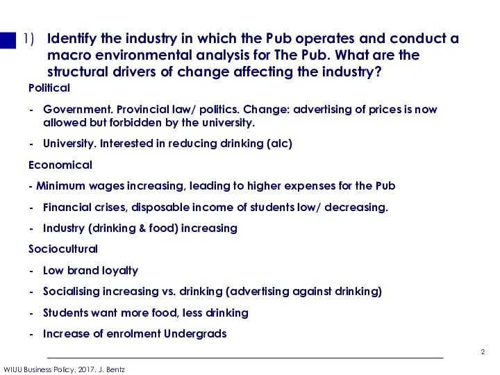 Identify the industry in which the Pub operates and conduct