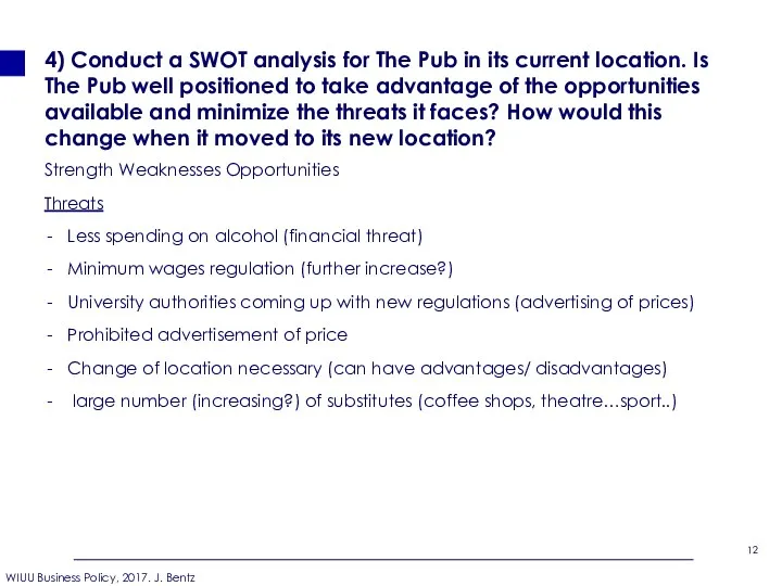 4) Conduct a SWOT analysis for The Pub in its