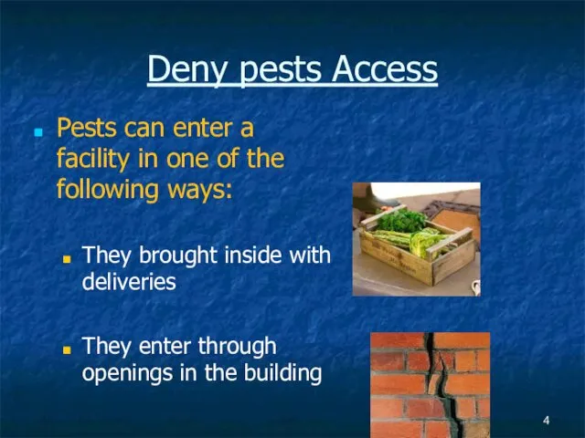 Deny pests Access Pests can enter a facility in one