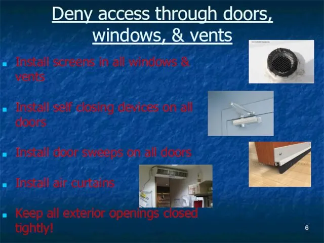 Deny access through doors, windows, & vents Install screens in