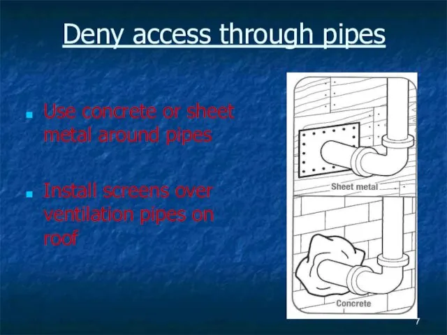 Deny access through pipes Use concrete or sheet metal around