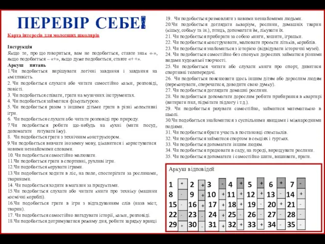 ПЕРЕВІР СЕБЕ! Карта інтересів для молодших школярів Інструкція Якщо те,