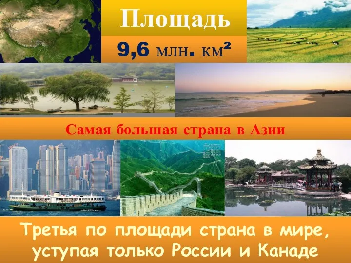 Площадь 9,6 млн. км² Третья по площади страна в мире,