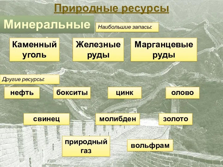 Природные ресурсы Минеральные: Другие ресурсы: Наибольшие запасы: Каменный уголь Железные