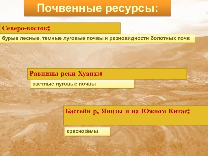 Почвенные ресурсы: Северо-восток: бурые лесные, темные луговые почвы и разновидности