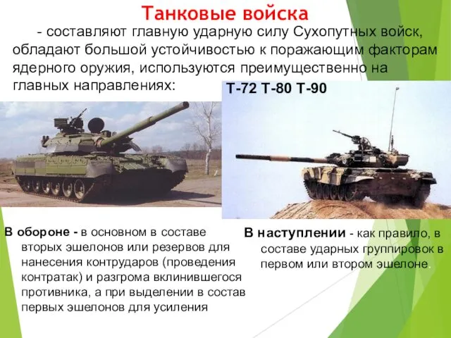 Танковые войска - составляют главную ударную силу Сухопутных войск, обладают большой устойчивостью к
