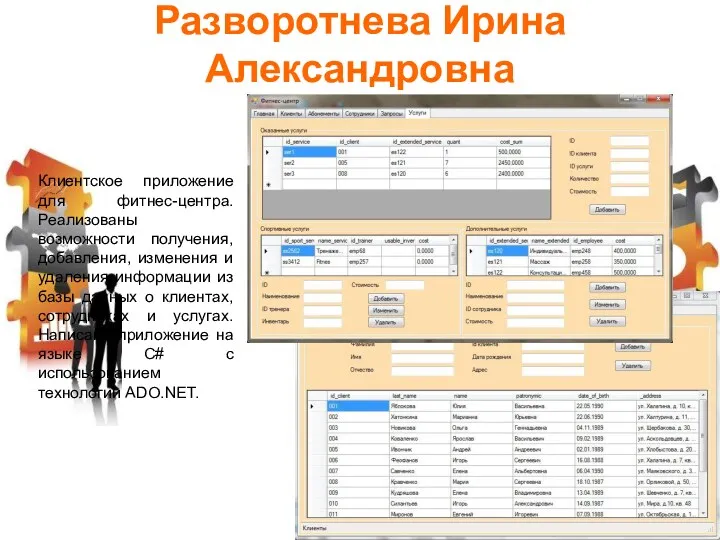 Разворотнева Ирина Александровна Клиентское приложение для фитнес-центра. Реализованы возможности получения,