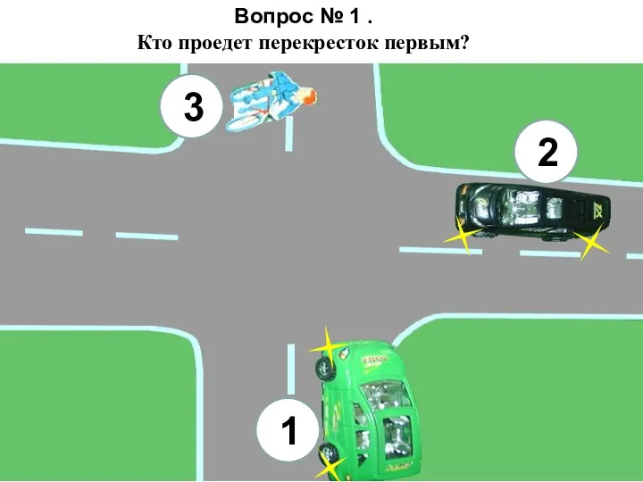 Вопрос № 1 . Кто проедет перекресток первым? 3 1 2