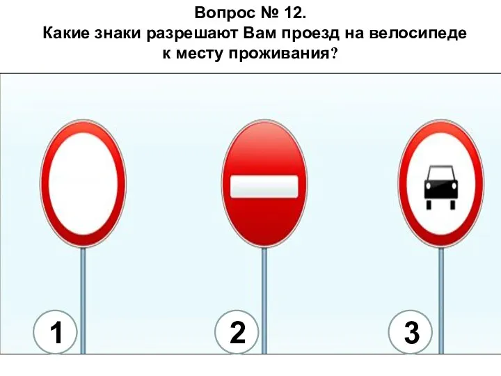 Вопрос № 12. Какие знаки разрешают Вам проезд на велосипеде к месту проживания? 3 2 1