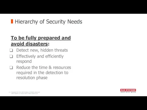 Hierarchy of Security Needs To be fully prepared and avoid