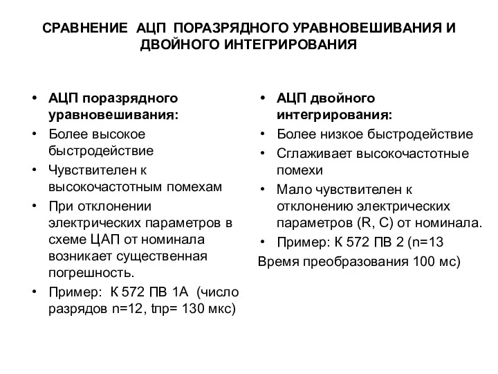 СРАВНЕНИЕ АЦП ПОРАЗРЯДНОГО УРАВНОВЕШИВАНИЯ И ДВОЙНОГО ИНТЕГРИРОВАНИЯ АЦП поразрядного уравновешивания: