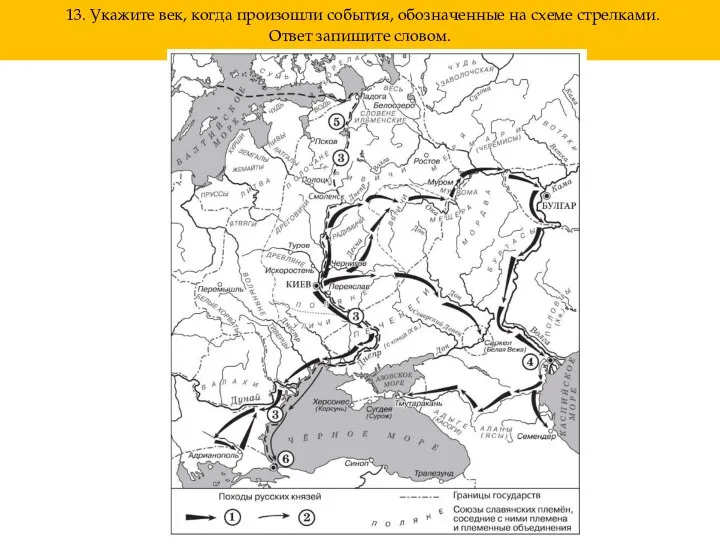 13. Укажите век, когда произошли события, обозначенные на схеме стрелками. Ответ запишите словом.