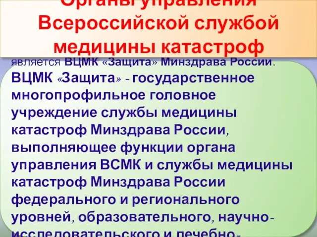 На федеральном уровне органом управления является ВЦМК «Защита» Минздрава России.