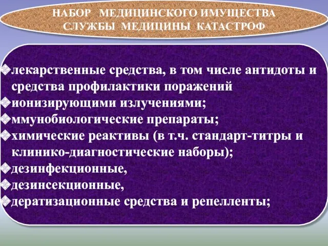 НАБОР МЕДИЦИНСКОГО ИМУЩЕСТВА СЛУЖБЫ МЕДИЦИНЫ КАТАСТРОФ лекарственные средства, в том