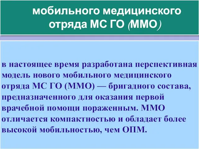 мобильного медицинского отряда МС ГО (ММО) в настоящее время разработана