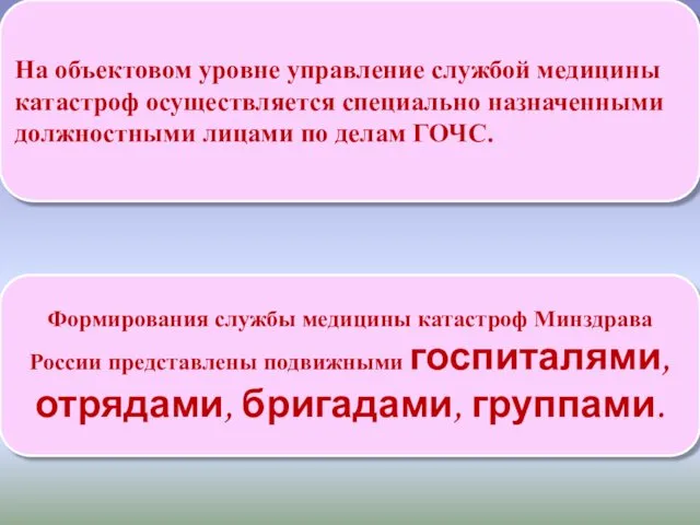 На объектовом уровне управление службой медицины катастроф осуществляется специально назначенными