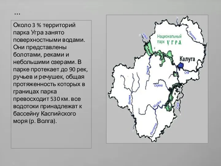 … Около 3 % территорий парка Угра занято поверхностными водами.