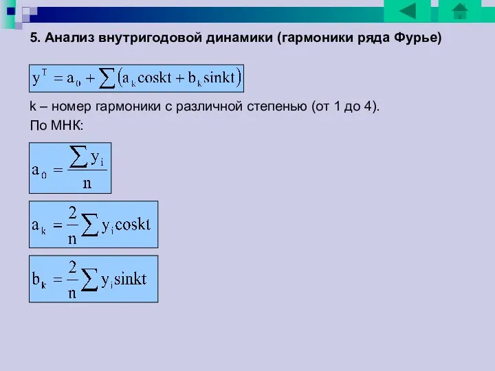 5. Анализ внутригодовой динамики (гармоники ряда Фурье) k – номер