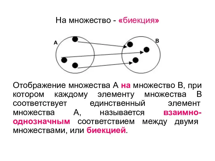 На множество - «биекция» Отображение множества А на множество В,