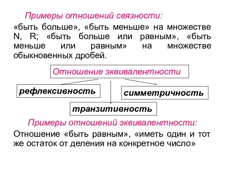 Примеры отношений связности: «быть больше», «быть меньше» на множестве N,