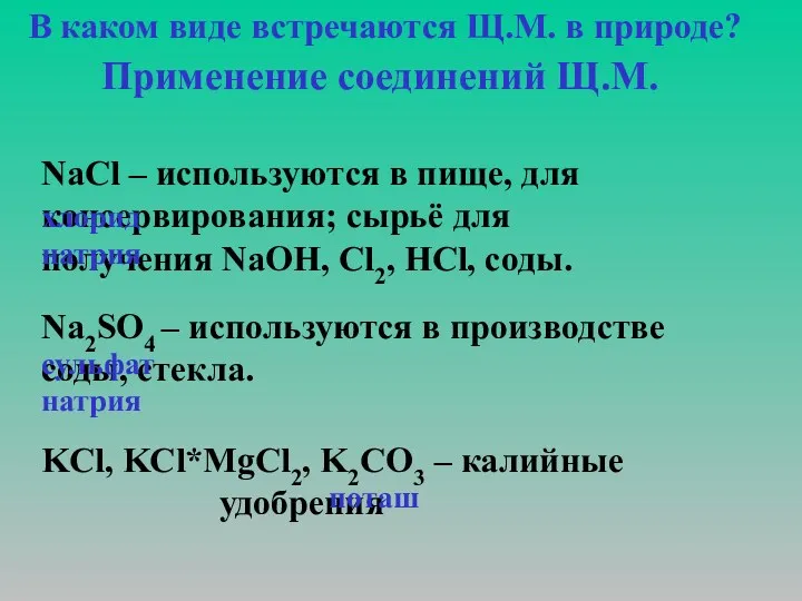 В каком виде встречаются Щ.М. в природе? NaCl – используются