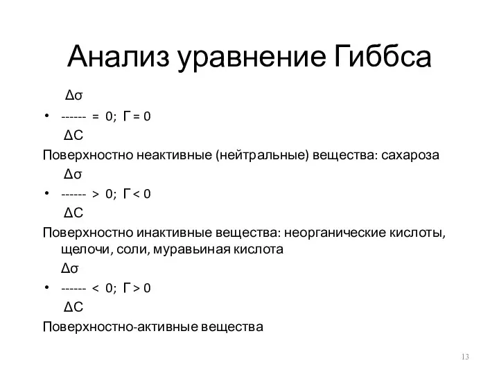 Анализ уравнение Гиббса Δσ ------ = 0; Г = 0